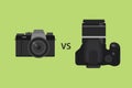 Comparing Mirrorless camera vs DSLR camera picture illustration with black color and green background