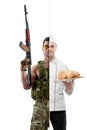 Photo comparison of chef and modern soldier uniform.