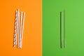 Comparison concept. Metal Straws Stainless Steel, Reusable Drinking Straw with Cleaning Brush vs Colorful Disposable Plastic