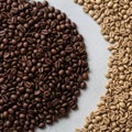Comparison of dark and light roast coffee beans on a neutral background Royalty Free Stock Photo