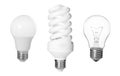 Comparison of different light bulbs on white background, collage Royalty Free Stock Photo
