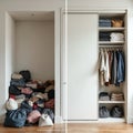 Comparison of empty wardrobe before and after installation. Interior design showing closet organization. Clothes, stuff, bags Royalty Free Stock Photo