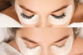 Eyelash Extension. Comparison of female eyes before and after.