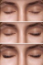 Eyelash Extension. Comparison of female eyes before and after.