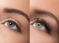 Comparison - female eyes before and after eyelash extension