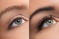 Comparison - female eyes before and after eyelash extension