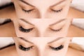 Eyelash Extension. Comparison of female eyes before and after. Royalty Free Stock Photo