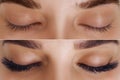 Eyelash Extension. Comparison of female eyes before and after. Royalty Free Stock Photo