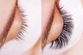 Eyelash Extension Procedure. Comparison of female eyes before and after.