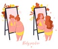 Comparison. Girl who does not like the reflection in the mirror and girl who loves herself. Body positive illustration