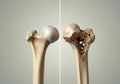 Comparison of healthy and osteoporotic bone structure with hip joint model Royalty Free Stock Photo