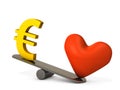 Comparison of heart symbol and euro currency symbol. A concept that expresses idealism that emphasizes love and emotions rather