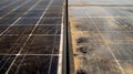 A before and after comparison image showing a significantly dirtier solar panel on the left and a clean and shiny one on