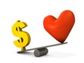 Comparison of the importance of the heart symbol and the dollar symbol. A concept that expresses money worship, which emphasizes Royalty Free Stock Photo