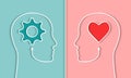 Comparison of IQ and EQ or right and left brain, cerebral hemispheres concept, with head, gear and heart shape Royalty Free Stock Photo