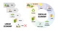 Comparison of linear and circular economy infographic. Sustainable business model. Scheme of product life cycle from raw material