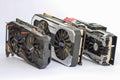 A comparison photo of a used ICHILL GEFORCE GTX 1080 X4, PALIT GTX1070, and GIGABYTE GT