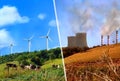 Comparison of plant renewable energy and energy factories classic Royalty Free Stock Photo