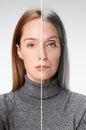 Comparison. Portrait of beautiful woman with problem and clean skin, aging and youth concept, beauty treatment Royalty Free Stock Photo