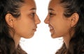 Comparison portrait of young latin woman before and after nose job Royalty Free Stock Photo