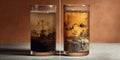 Comparison of sediment in two glasses of water highlighting different settling Royalty Free Stock Photo