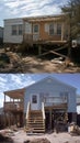 Comparison showing a house before and after being elevated on stilts for flood protection to prevent water damage Royalty Free Stock Photo