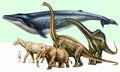 Comparison of the size of the blue whale with the size of dinosaurs