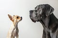 Comparison of small Chihuahua dog and big Grate Dane dog on white background