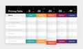 Comparison table. Business plan pricing grid and chart. Web banner of comparing prices and cost of services. Features checklist.