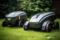 comparison of traditional and robotic lawn mower side by side