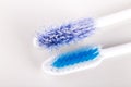 Comparison between used worn out toothbrush bristle with new too Royalty Free Stock Photo