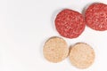 Comparison of vegan soy based burger patty and real meat patty Royalty Free Stock Photo