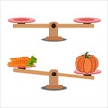 Comparison of weight in a cartoon minimal style, showing an unbalanced situation with balancing on a seesaw.