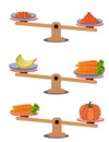 Comparison of weight in a cartoon minimal style, showing an unbalanced situation with balancing on a seesaw.