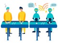Comparison workers are humans and robots. Mood on the conveyor phones. In minimalist style. Cartoon flat raster