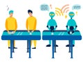 Comparison workers are humans and robots. Mood on the conveyor phones. In minimalist style. Cartoon flat Vector Royalty Free Stock Photo