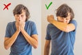 Comparison between wrong and right way to sneeze to prevent virus infection. Caucasian woman sneezing, coughing into her