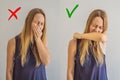 Comparison between wrong and right way to sneeze to prevent virus infection. Caucasian woman sneezing, coughing into her