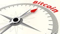 Compass with arrow pointing to the word Bitcoin