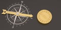 Compass with big gold coin on black background 3D illustration.