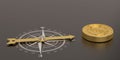 Compass with big gold coin on black background 3D illustration.