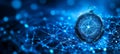 Compass On Blue Network Background, Global Business Navigation, Innovation, And Technology Concept