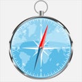 Compass with blue world background. Realistic vector illustration. Modern navigation template