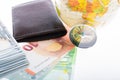 Compass, box, wallet and Euro banknotes as business finance concept