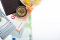 Compass, box, wallet and Euro banknotes as business finance concept