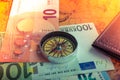 Compass,  box, wallet and Euro banknotes  on an old map Royalty Free Stock Photo