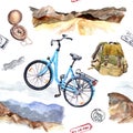 Compass, bycicle, mountains. Exploring concept. Travel seamless pattern. Watercolor