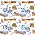 Compass, bycicle, postal marks, mountains. Travel concept. Repeating background, watercolor