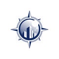 Compass city optometry logo, creative vector towers integrated in eyeball scene