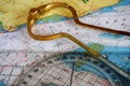 Compass course calculation, navigation, sea chart. Direction in meridians and parallels. Nautical chart and compass. Royalty Free Stock Photo